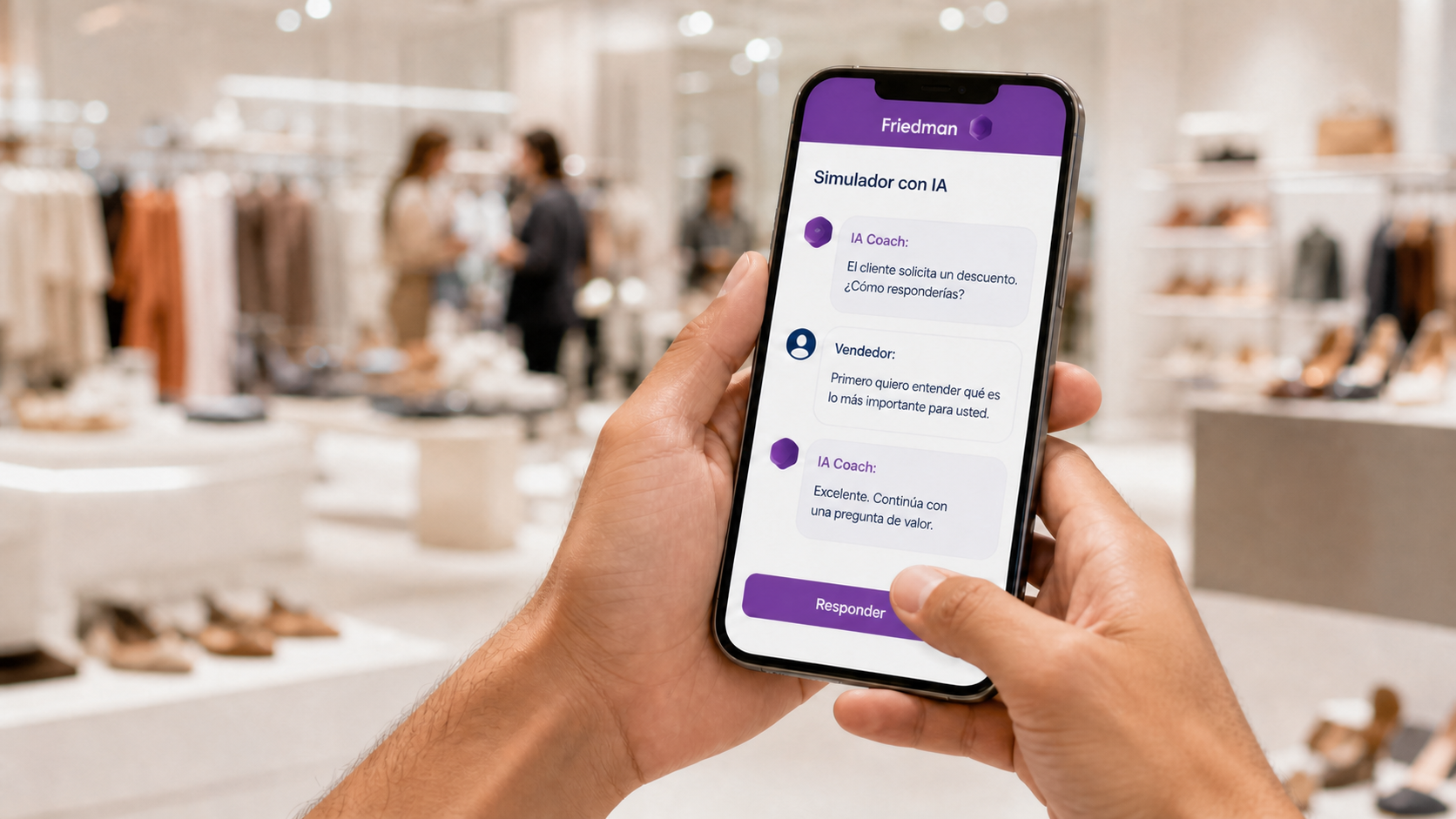 Vendedor usando el simulador Friedman en su celular dentro de la tienda